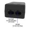 Compact black Real HD 48V 24W 0.5A PoE injector adapter showing dual RJ45 ports for LAN input and PoE power output
