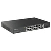 Front panel view of the Real HD PSW16-2 16-port unmanaged PoE switch showing 16 PoE ports, 2 Gigabit uplinks, DIP switches, and standard rack-mount ears attached