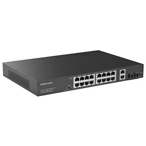 Front panel view of the Real HD PSW16-2 16-port unmanaged PoE switch showing 16 PoE ports, 2 Gigabit uplinks, DIP switches, and standard rack-mount ears attached