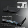 Front panel view of the Real HD PSW16-2 16-port unmanaged PoE switch showing 16 PoE ports, 2 Gigabit uplinks, DIP switches, and standard rack-mount ears attached