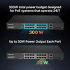 Front panel view of the Real HD PSW16-2 16-port unmanaged PoE switch showing 16 PoE ports, 2 Gigabit uplinks, DIP switches, and standard rack-mount ears attached