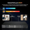 Front panel view of the Real HD PSW16-2 16-port unmanaged PoE switch showing 16 PoE ports, 2 Gigabit uplinks, DIP switches, and standard rack-mount ears attached