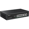 Front view of the compact Real HD PSW4-2G 6-port unmanaged Gigabit PoE switch showing 4 PoE ports, 2 uplink ports, and green LED indicator status lights
