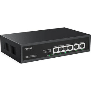 Front view of the compact Real HD PSW4-2G 6-port unmanaged Gigabit PoE switch showing 4 PoE ports, 2 uplink ports, and green LED indicator status lights