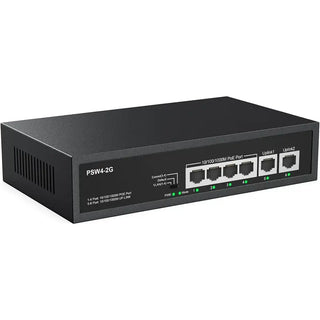 Front view of the compact Real HD PSW4-2G 6-port unmanaged Gigabit PoE switch showing 4 PoE ports, 2 uplink ports, and green LED indicator status lights
