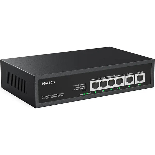 Front view of the compact Real HD PSW4-2G 6-port unmanaged Gigabit PoE switch showing 4 PoE ports, 2 uplink ports, and green LED indicator status lights