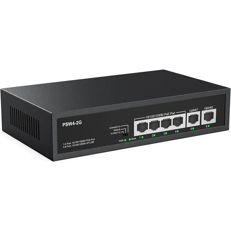 Front view of the compact Real HD PSW4-2G 6-port unmanaged Gigabit PoE switch showing 4 PoE ports, 2 uplink ports, and green LED indicator status lights