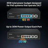 Front view of the compact Real HD PSW4-2G 6-port unmanaged Gigabit PoE switch showing 4 PoE ports, 2 uplink ports, and green LED indicator status lights