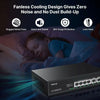 Front view of the compact Real HD PSW4-2G 6-port unmanaged Gigabit PoE switch showing 4 PoE ports, 2 uplink ports, and green LED indicator status lights
