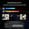 Front view of the compact Real HD PSW4-2G 6-port unmanaged Gigabit PoE switch showing 4 PoE ports, 2 uplink ports, and green LED indicator status lights