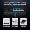 Front view of the compact Real HD PSW4-2G 6-port unmanaged Gigabit PoE switch showing 4 PoE ports, 2 uplink ports, and green LED indicator status lights