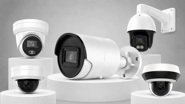 A collection of modern HD security cameras, including bullet and dome IP cameras, displayed on a high-tech glowing podium