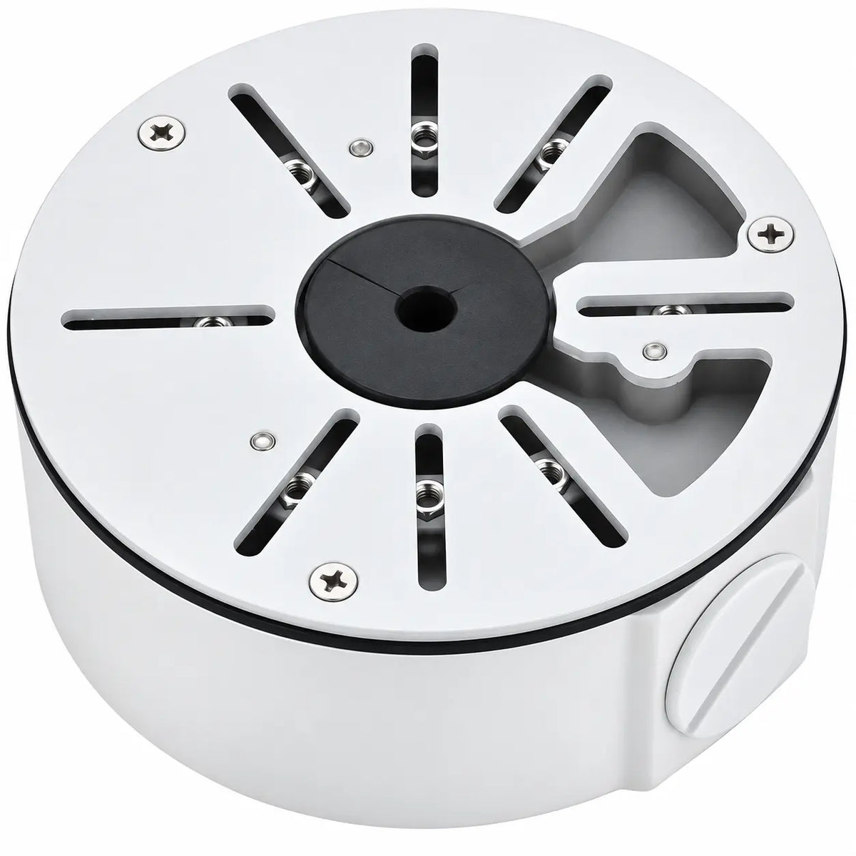 Waterproof aluminum security camera junction box for compatible bullet and dome cameras with concealed cable and connector storage