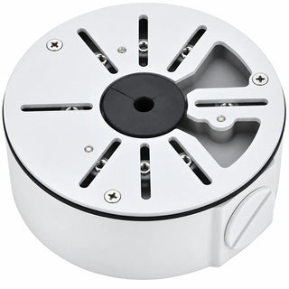 Waterproof aluminum security camera junction box for compatible bullet and dome cameras with concealed cable and connector storage